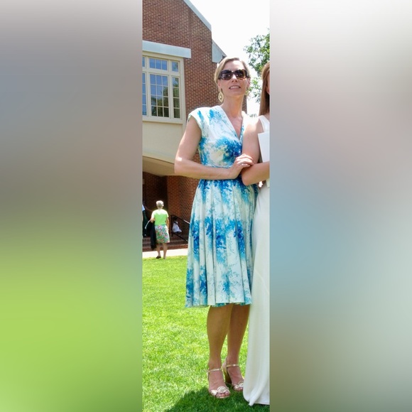 Vibrant Blue & White Anthropologie Pleated Circle Midi Skirt Spring Dress Size 4 - Picture 2 of 9